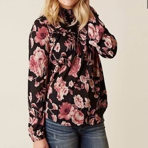 NWT Lucky Brand Women’s Mock‎ Neck Floral Long Sleeve Top Pink Black Size Small
